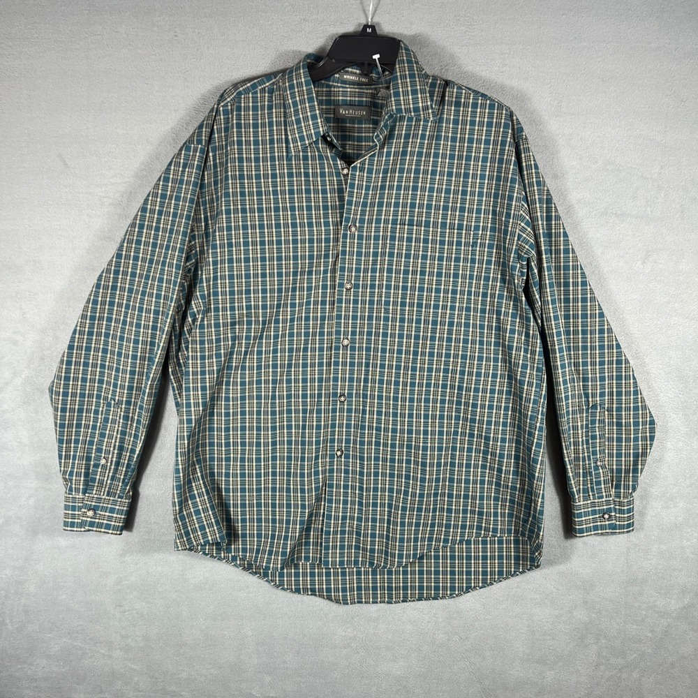 Van Heusen Mens Button Down Shirt L 16-16 1/2 Blue Green Plaid Long Sleeve